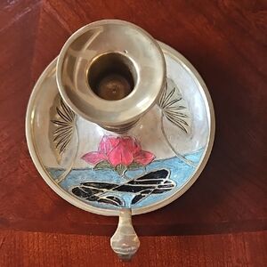 Solid Brass Handled Chamber Candlestick with Champlevé Enamel Floral Leaf Motif